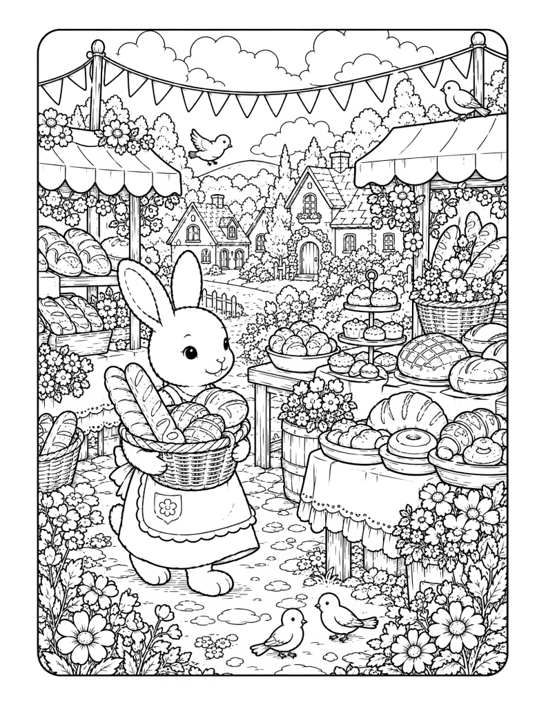 A bunny bakery market coloring page with bread, pastries, flower baskets, birds, bunting, and cozy cottage houses.
