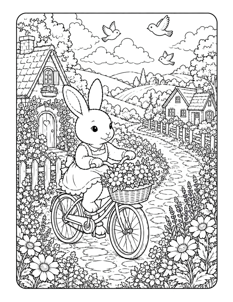 A bunny riding a bicycle through a cottage countryside path with flowers, birds, basket, butterflies, and rolling hills.