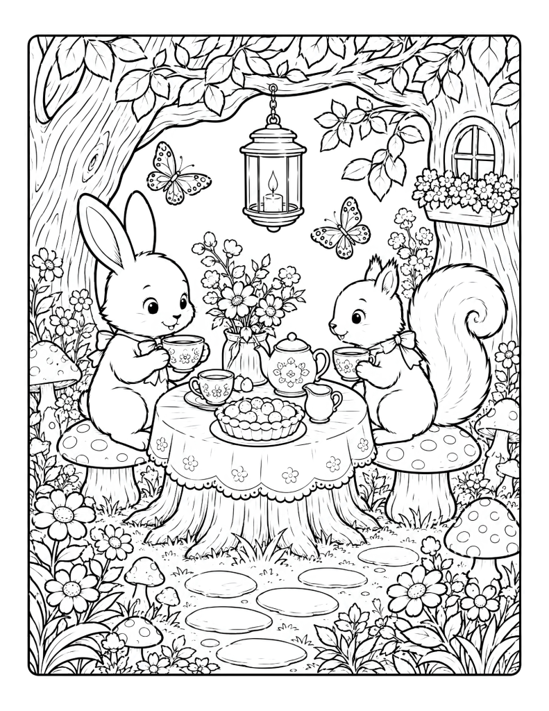 A bunny and squirrel tea party coloring page with teacups, flowers, mushrooms, butterflies, and a lantern under a tree.