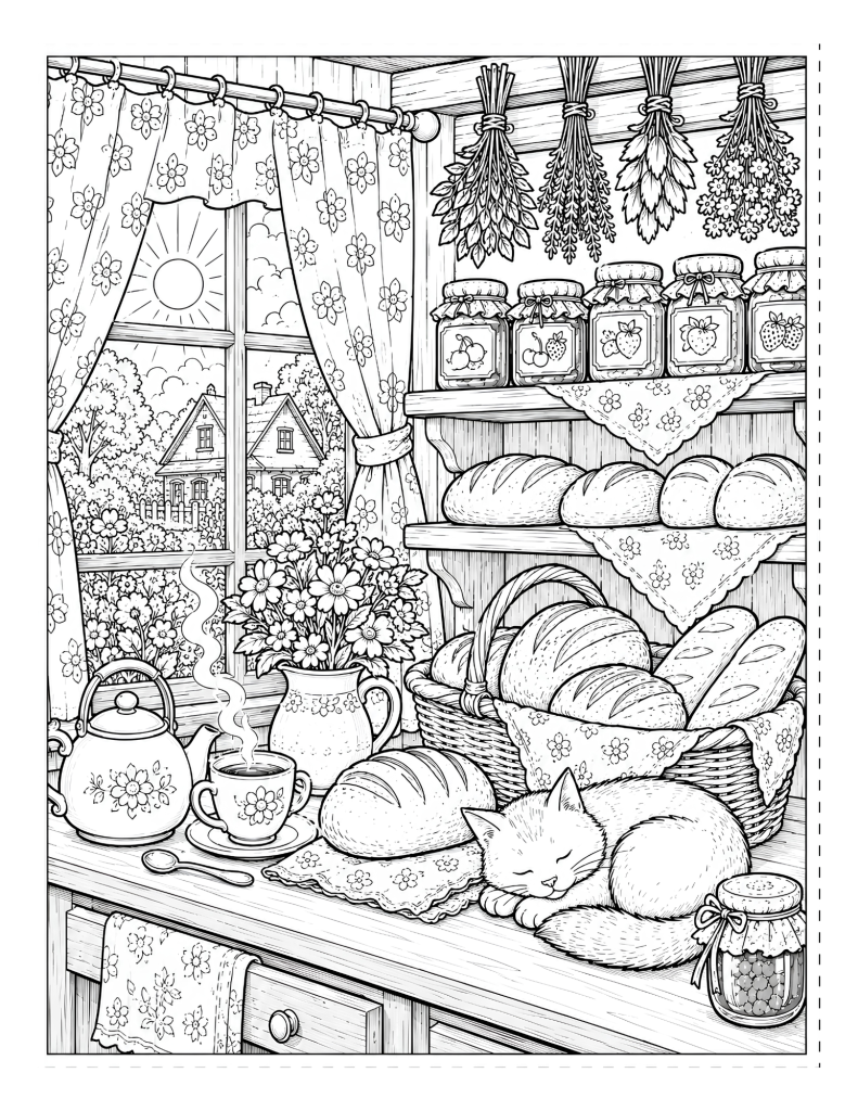 A cottage pantry coloring page with fresh bread, jam jars, hanging herbs, tea, flowers, curtains, and a sleeping cat.
