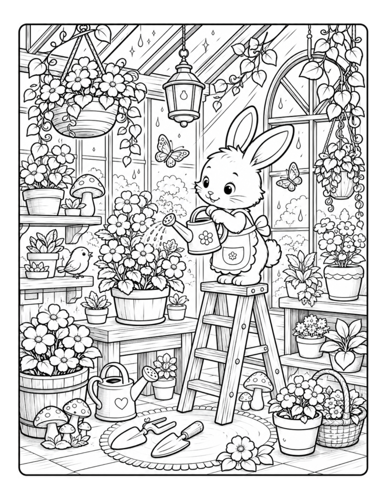 A cute bunny greenhouse coloring page filled with flowers, hanging plants, butterflies, and garden tools.