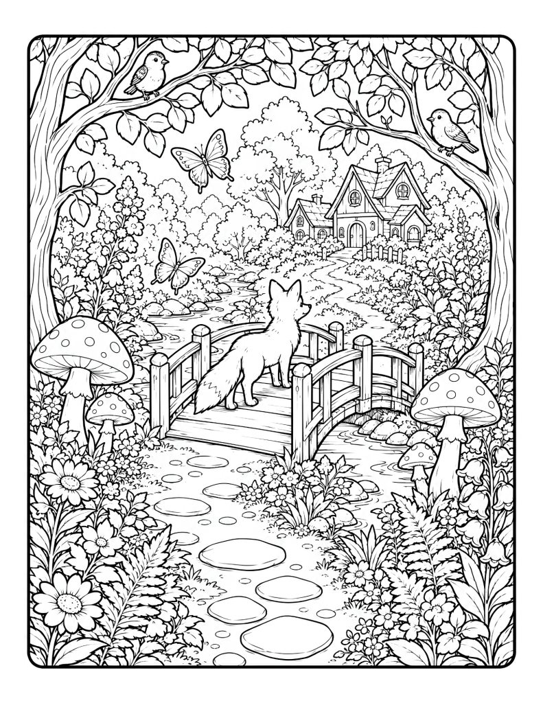 A fox standing on a wooden bridge in a cottage garden with flowers, mushrooms, birds, butterflies, and a path.
