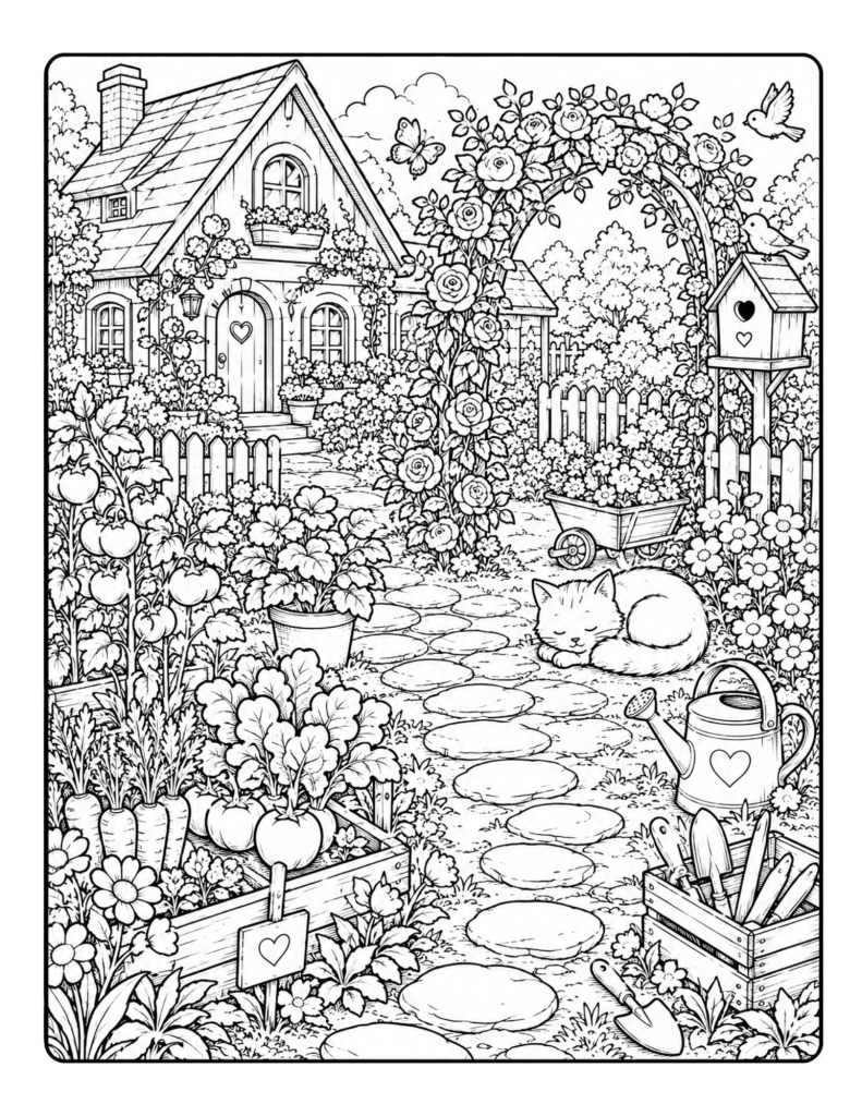 A cottage garden coloring page with vegetables, flowers, a sleeping cat, tools, and a peaceful garden path.