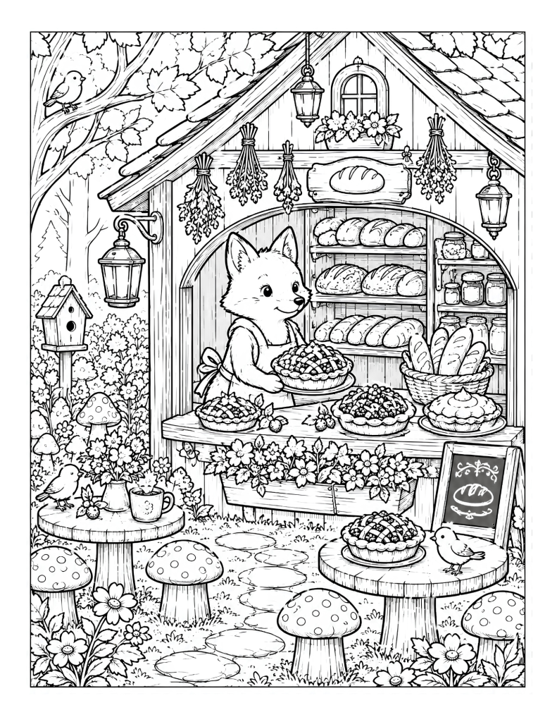 A fox bakery stand coloring page with pies, bread, flowers, lanterns, mushrooms, birds, and a cozy cottage shop.
