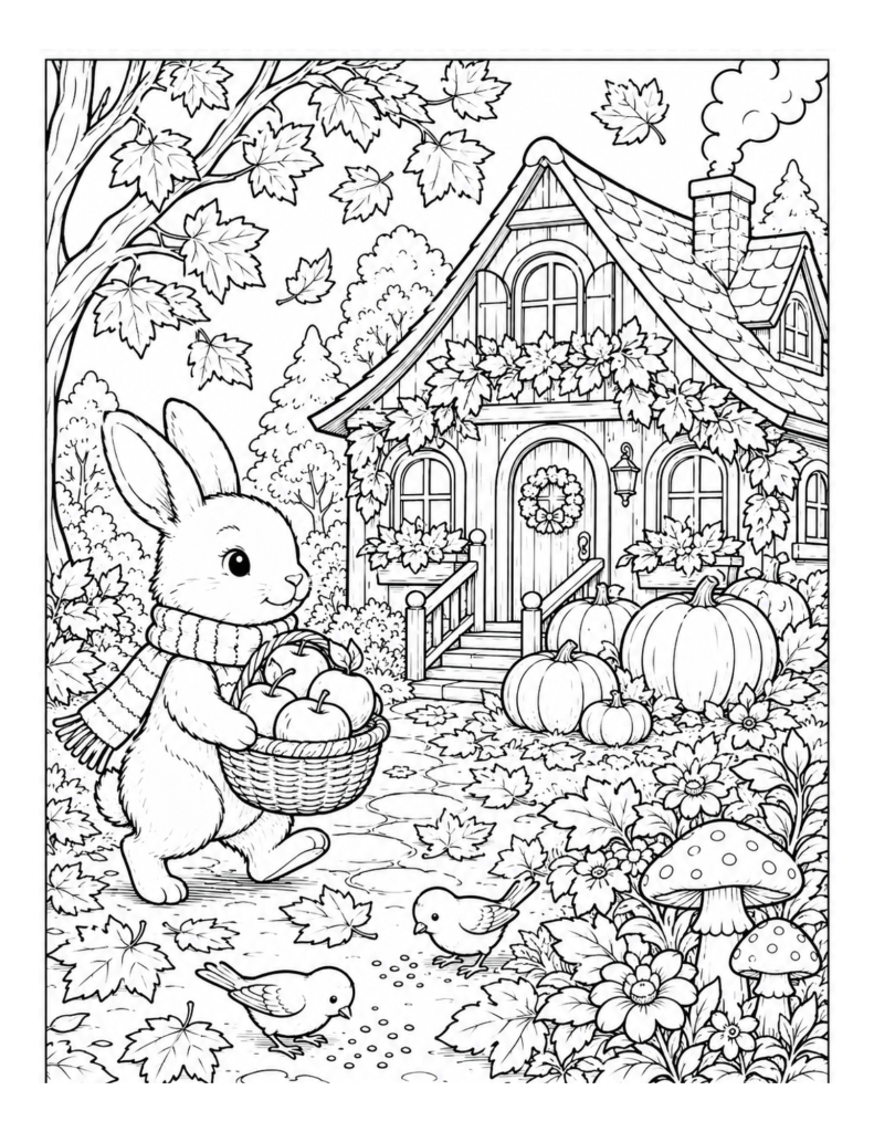 A cute autumn bunny coloring page with apples, pumpkins, leaves, and a cozy cottage.