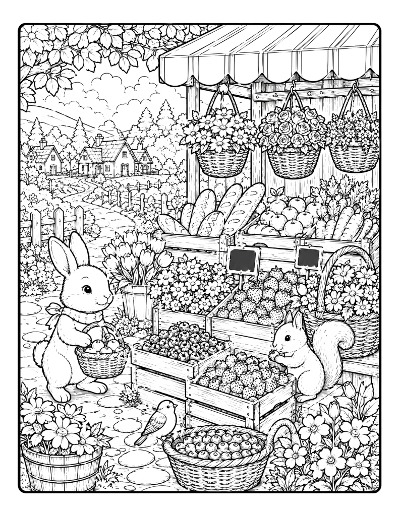 A cottage garden market coloring page with a bunny, squirrel, fruit baskets, flowers, birds, bread, and countryside cottages.