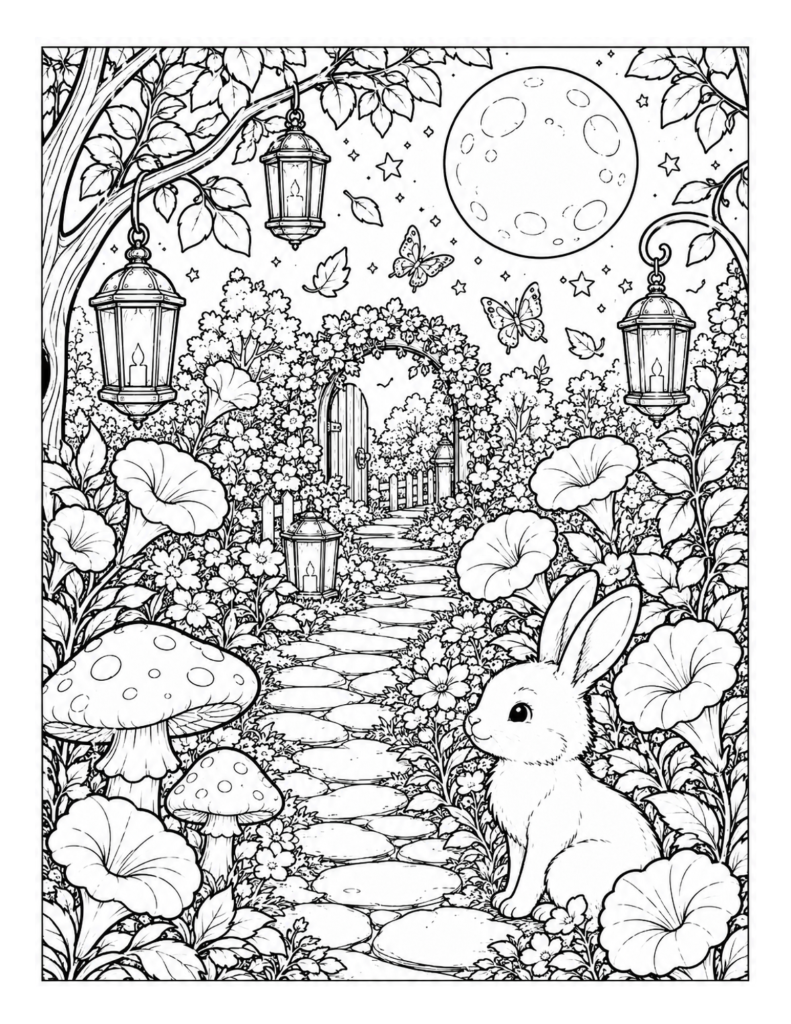 A relaxing cottagecore garden coloring page with lanterns, mushrooms, flowers, butterflies, and a bunny.