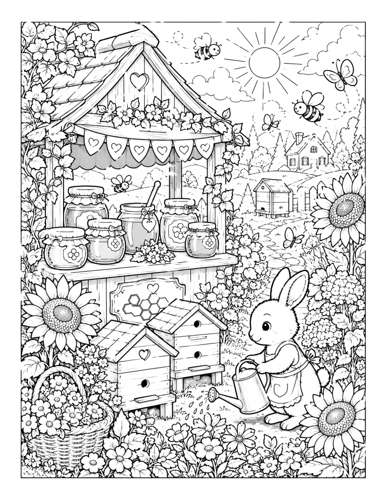A bunny watering flowers near honey jars, beehives, sunflowers, bees, butterflies, and a cozy garden stand.