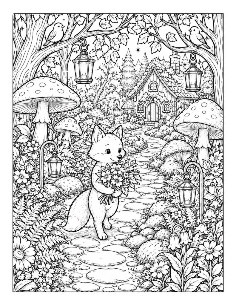 A cute fox coloring page with flowers, mushrooms, lanterns, and a cozy cottage path.