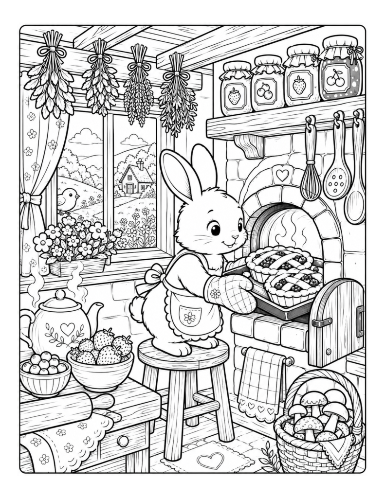 A cozy kitchen coloring page with a bunny baking pie, fruit, jam jars, and cottage details.