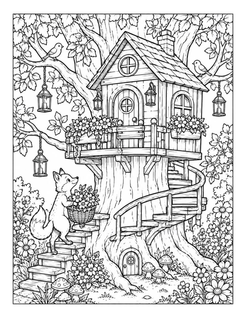 A treehouse cottage coloring page with a fox, flowers, birds, lanterns, and mushrooms.