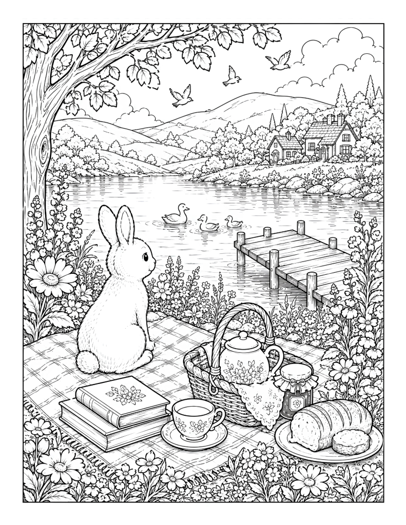 A bunny lakeside picnic coloring page with tea, books, bread, flowers, ducks, water, and cottages in the distance.