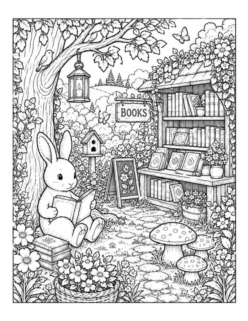 A cozy book nook coloring page with a bunny, books, flowers, mushrooms, and a peaceful garden setting.