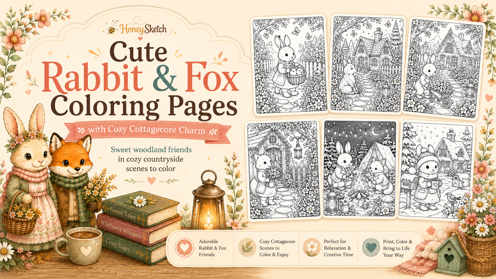 Cute Rabbit and Fox Coloring Pages With Cozy Cottagecore Charm
