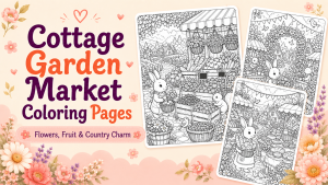 Cottage Garden Market Coloring Pages Full of Flowers, Fruit, and Country Charm