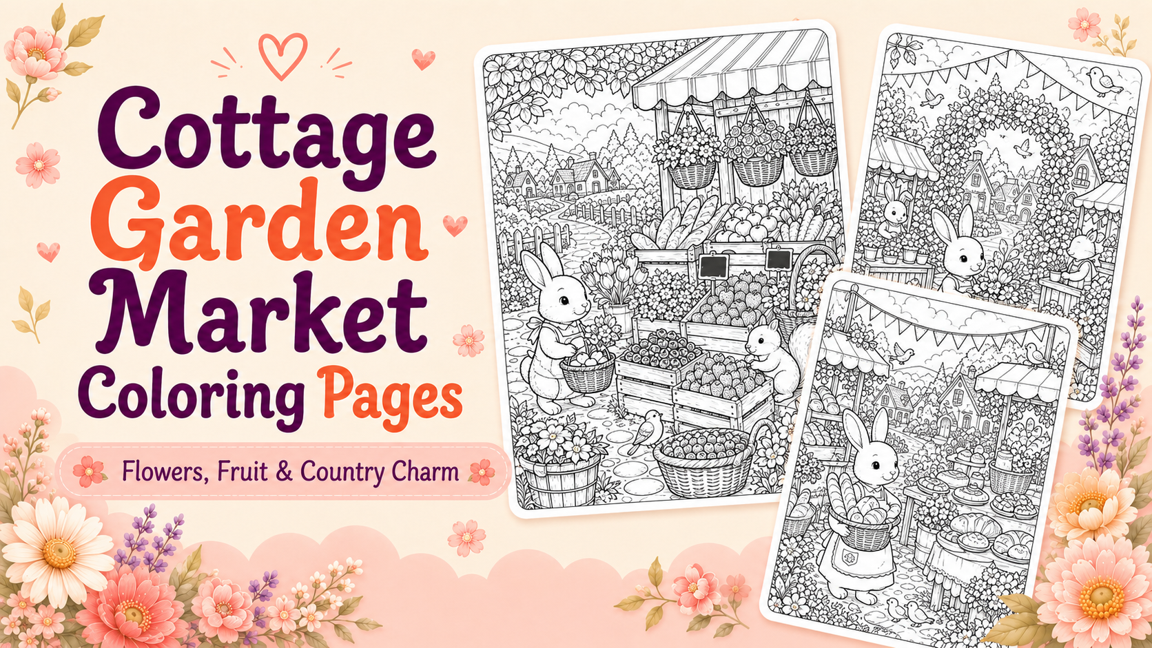 Cottage Garden Market Coloring Pages Full of Flowers, Fruit, and Country Charm