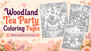 Woodland Tea Party Coloring Pages With Rabbits, Foxes, and Tiny Cottage Details
