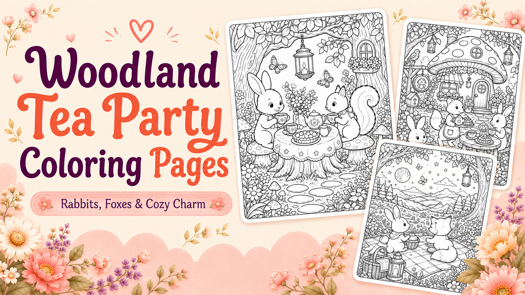 Woodland Tea Party Coloring Pages With Rabbits, Foxes, and Tiny Cottage Details