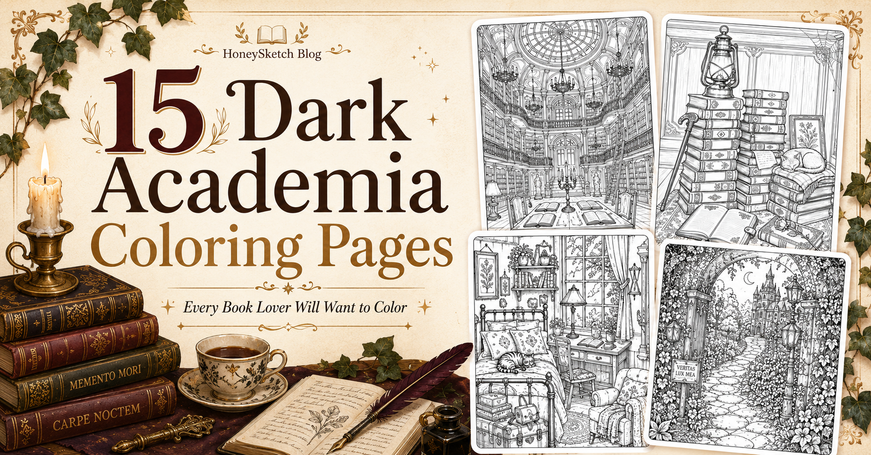 Dark academia blog featured image with antique books, candlelight, cozy library details, and coloring page previews.