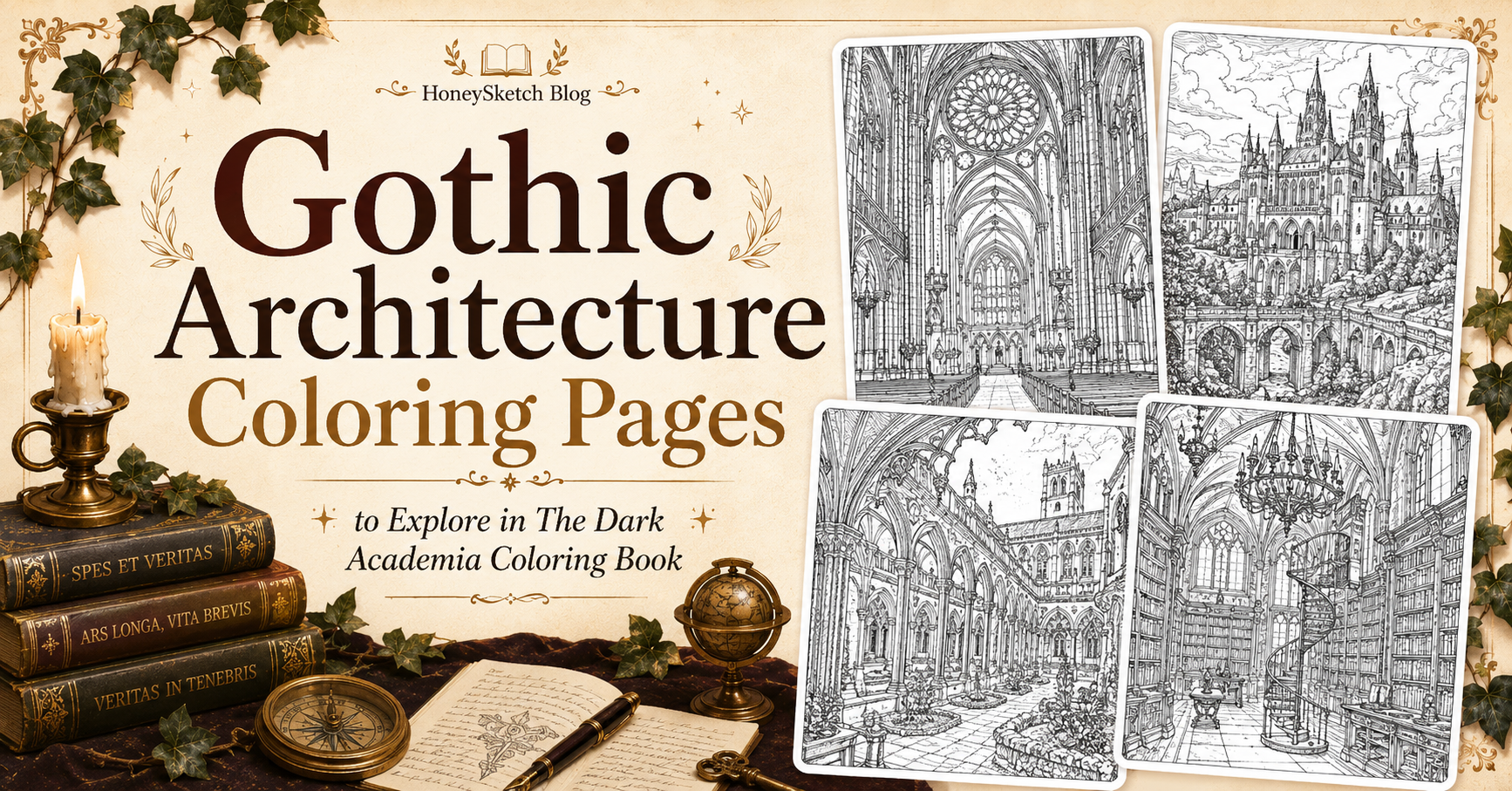Gothic architecture coloring pages featured image with candlelight, ivy, antique books, and gothic building previews.