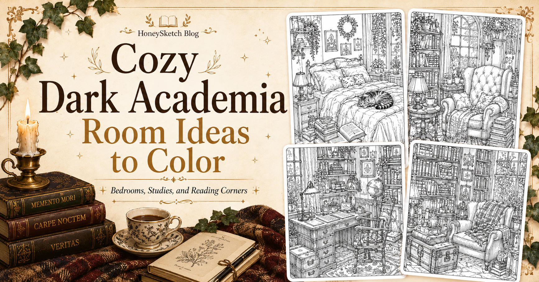 Discover cozy dark academia room coloring pages with bedrooms, study desks, books, cats, tea, blankets, and peaceful reading corners.