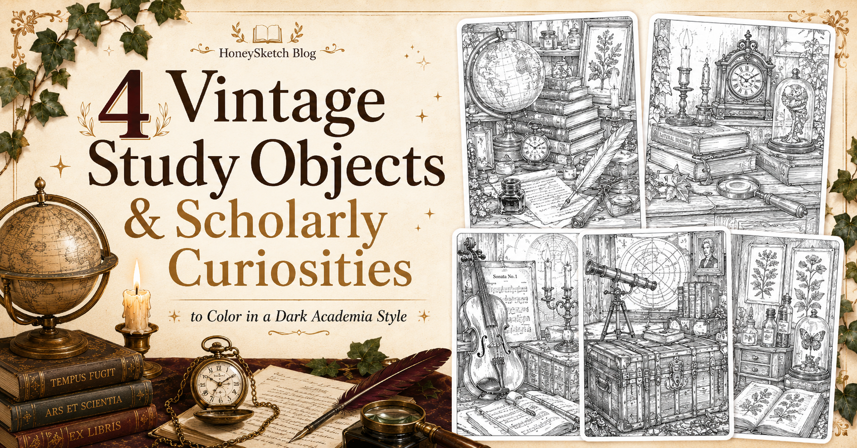 Vintage Study Objects and Scholarly Curiosities to Color in a Dark Academia Style