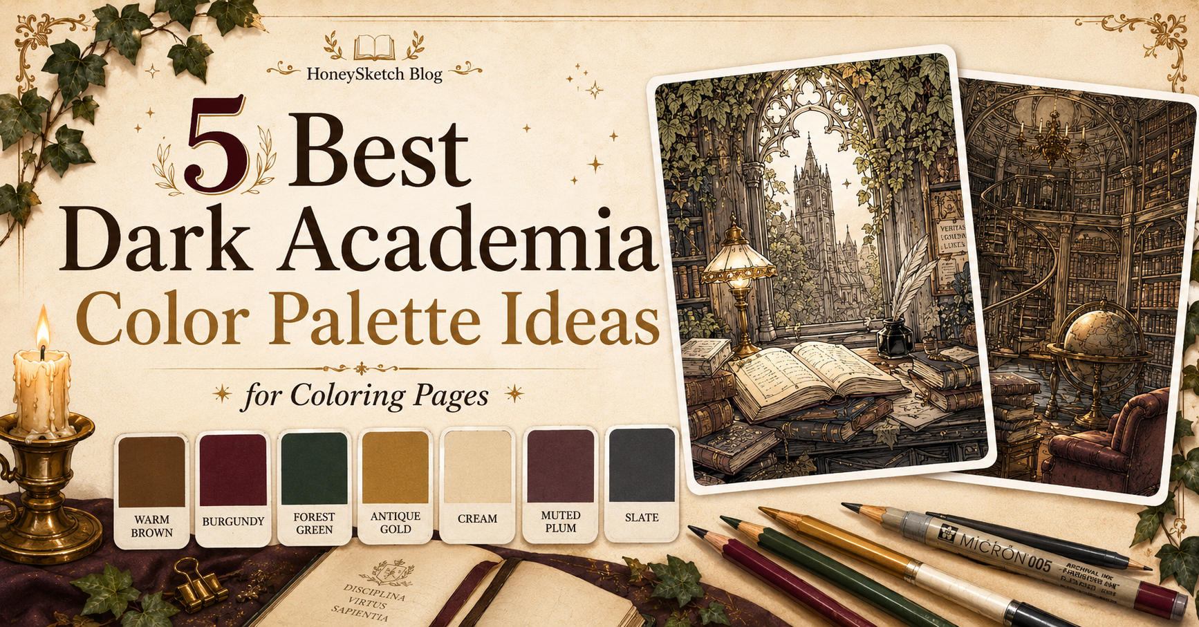 Dark academia color palette featured image with warm brown, burgundy, forest green, antique gold, cream, muted plum, and coloring page previews.