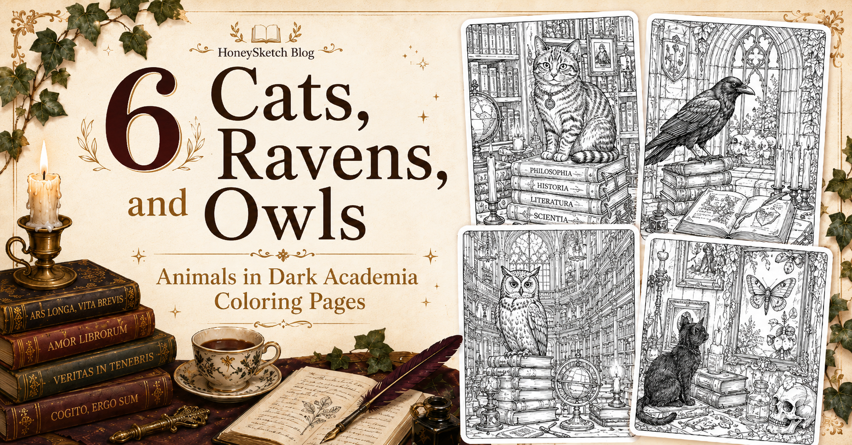 Dark academia animal coloring pages featured image with cats, ravens, owls, books, candlelight, gothic windows, and library details.