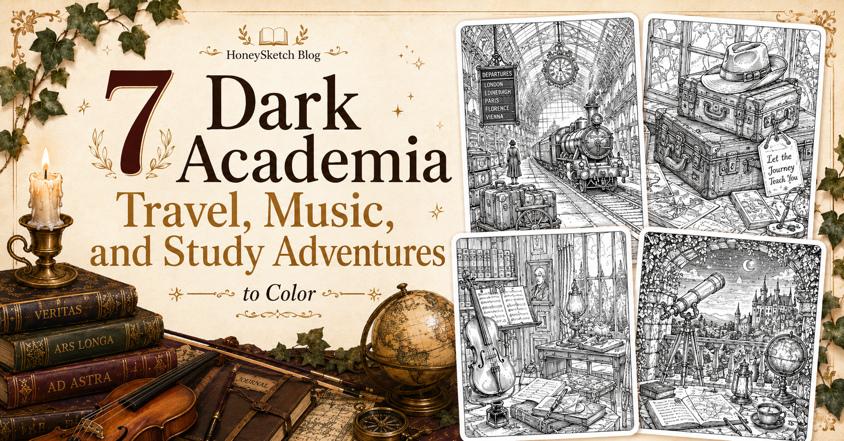 Dark academia travel, music, and study featured image with antique books, violin, globe, train station, telescope, luggage, and coloring page previews.