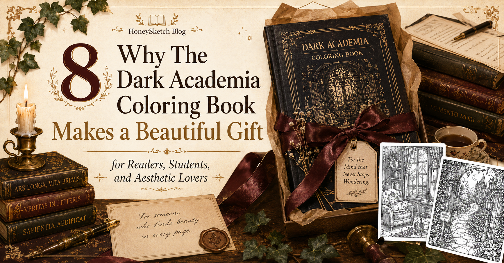 Dark academia coloring book gift featured image with paperback, ribbon, candle, tea, antique books, autumn leaves, and preview pages.