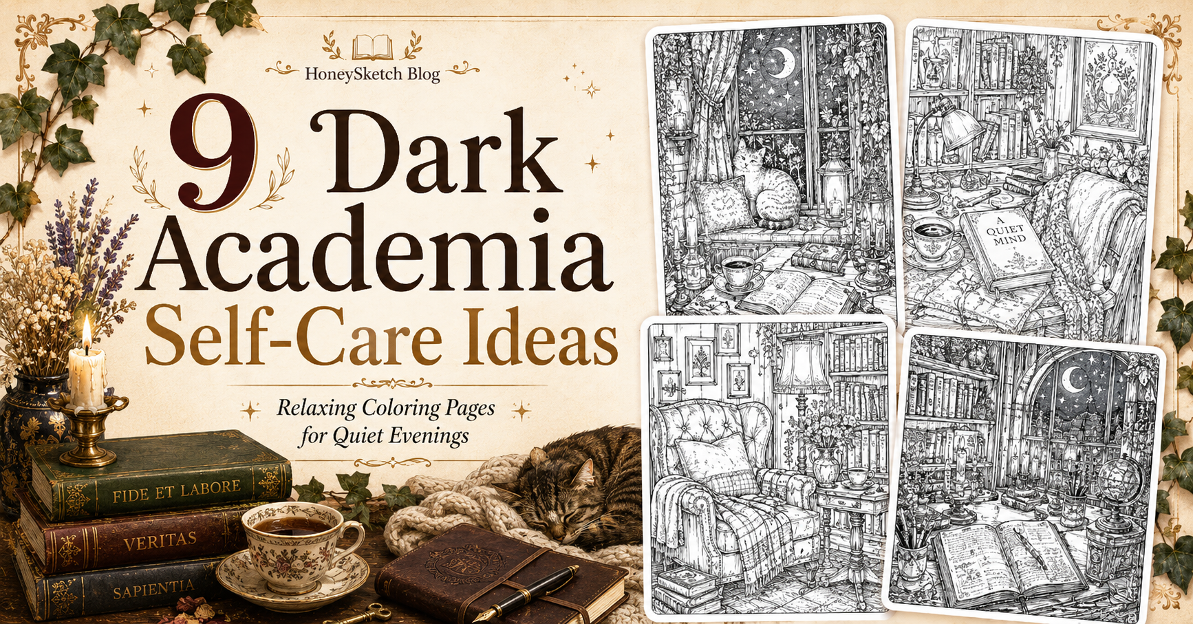 Dark academia self-care ideas featured image with candlelight, tea, books, cozy cat, and relaxing coloring page previews for quiet evenings.