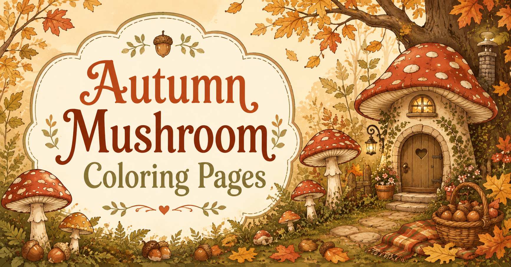 6 Cozy Autumn Mushroom Coloring Pages With Foxes, Acorns, and Forest Leaves