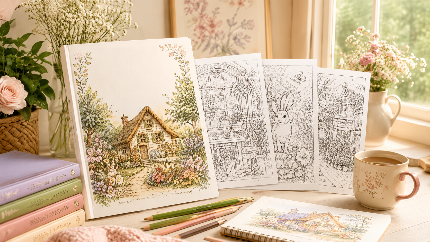 Multiple coloring pages placed on a table.