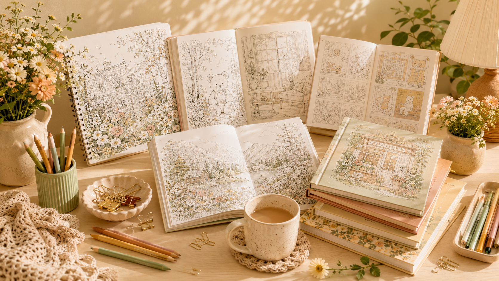 Multiple coloring pages and coloring books lying on a table.