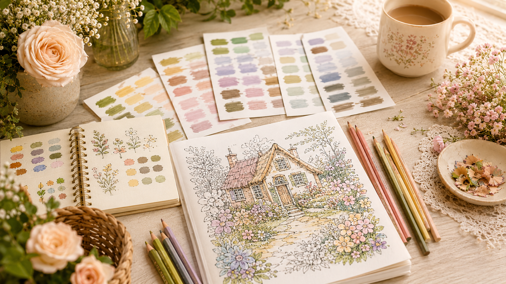 Coloring page with multiple coloring palettes.