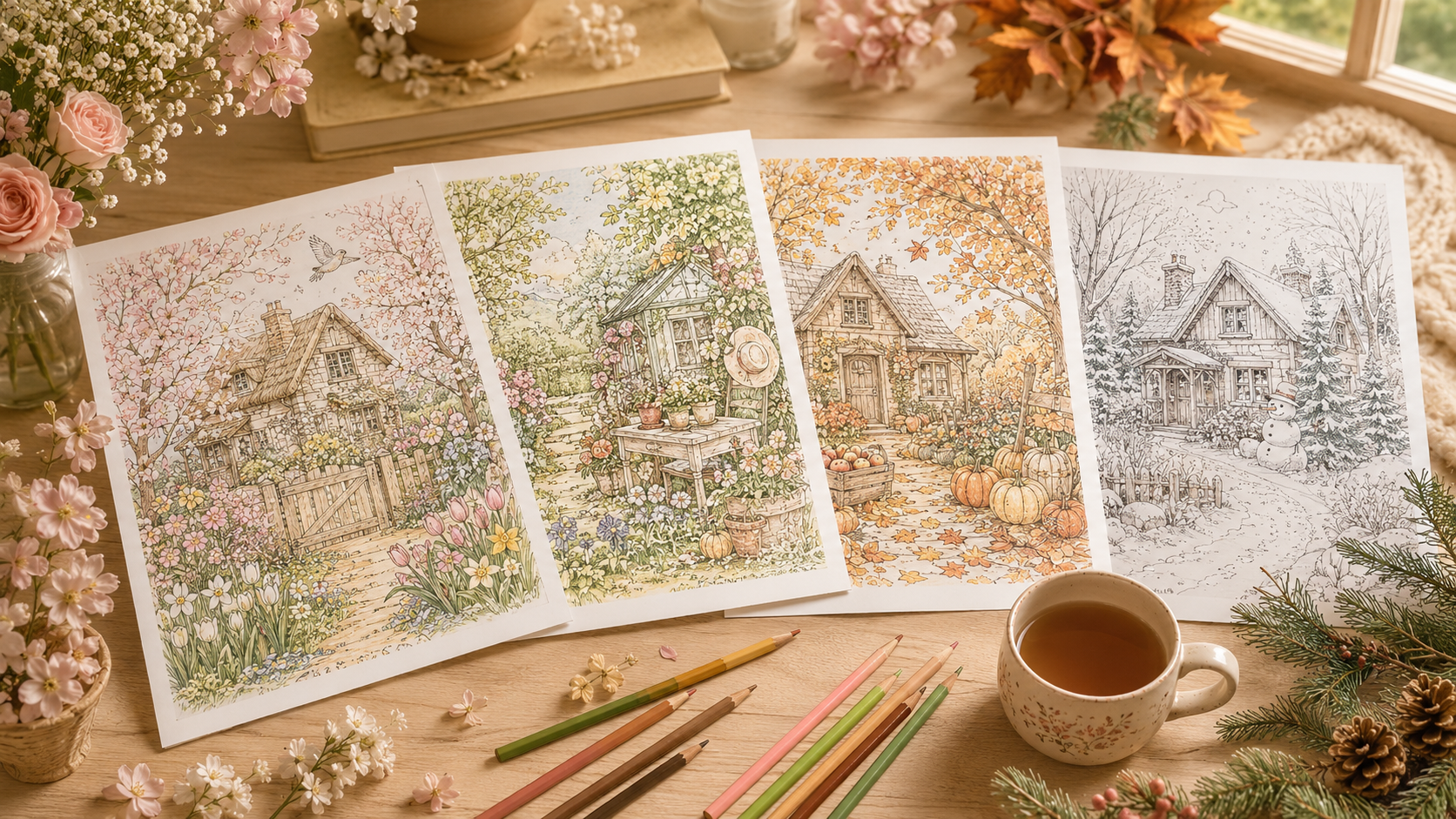 Multiple seasonal coloring pages lying on a table.