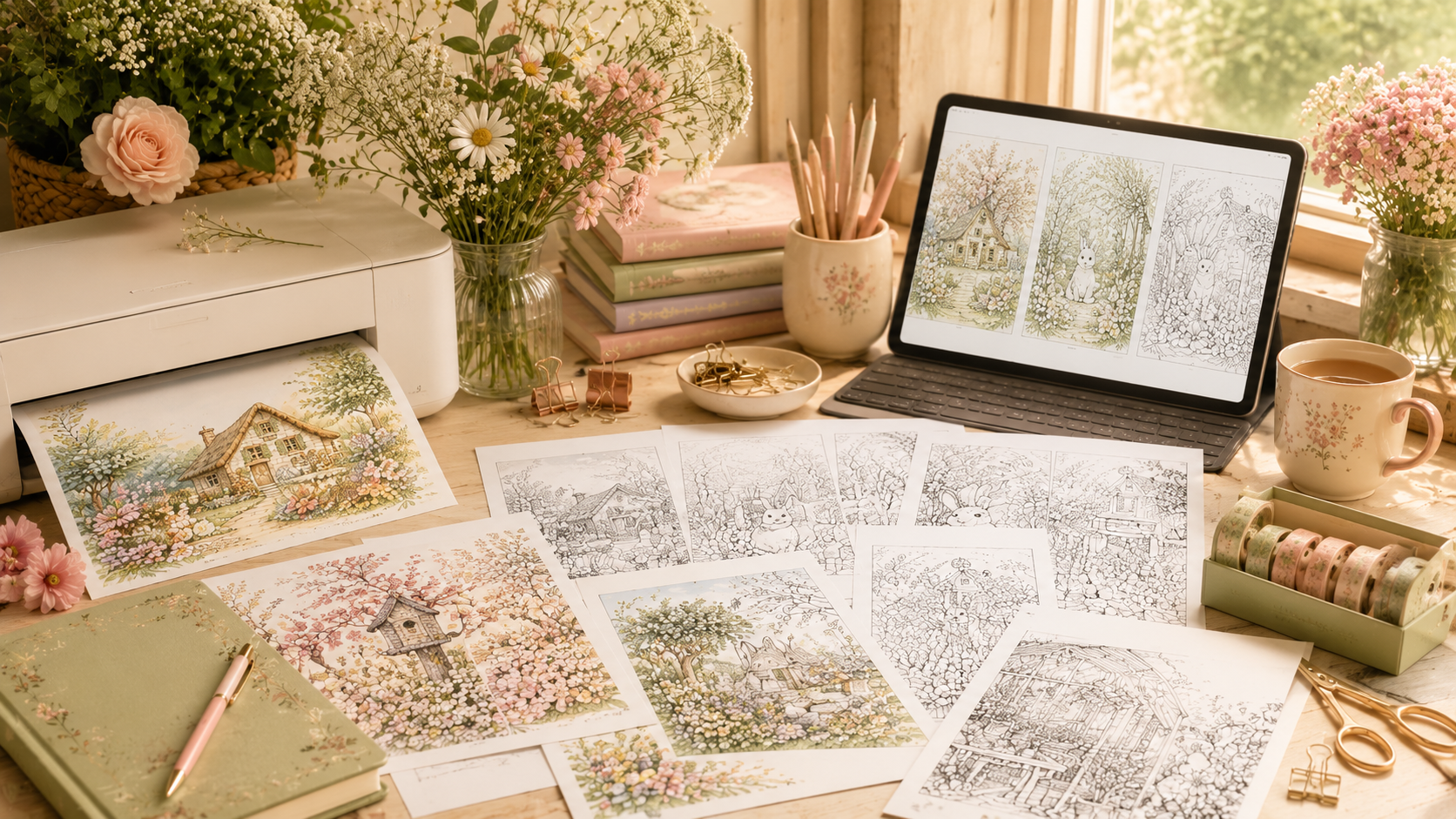Digital Coloring pages opened in laptop with some physical ones too.