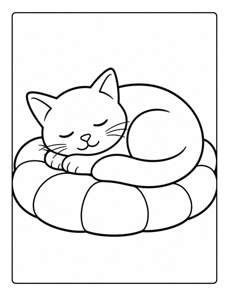 Simple sleeping cat coloring page with bold outlines and large open spaces