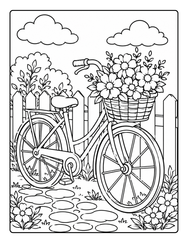 Vintage bicycle with a basket of flowers beside a garden fence coloring page