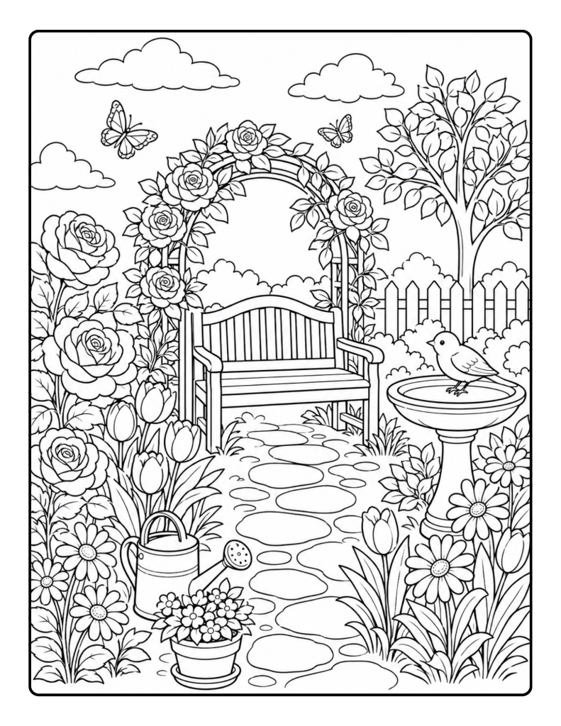 Garden bench beneath a rose arch with birdbath, flowers, and path coloring page