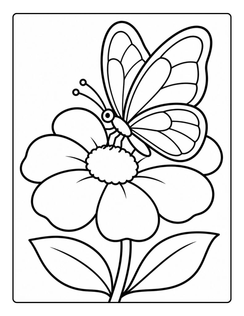 Butterfly resting on a large flower bold outline coloring page for seniors