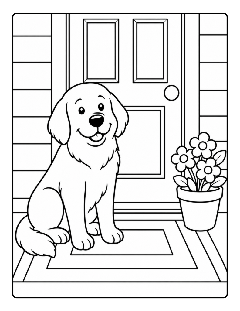 Friendly dog sitting beside a front door and flowerpot coloring page for seniors