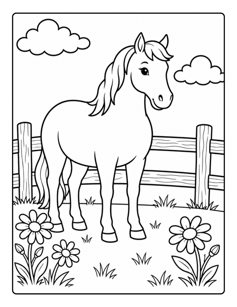 Friendly horse standing beside flowers and a wooden fence coloring page for seniors