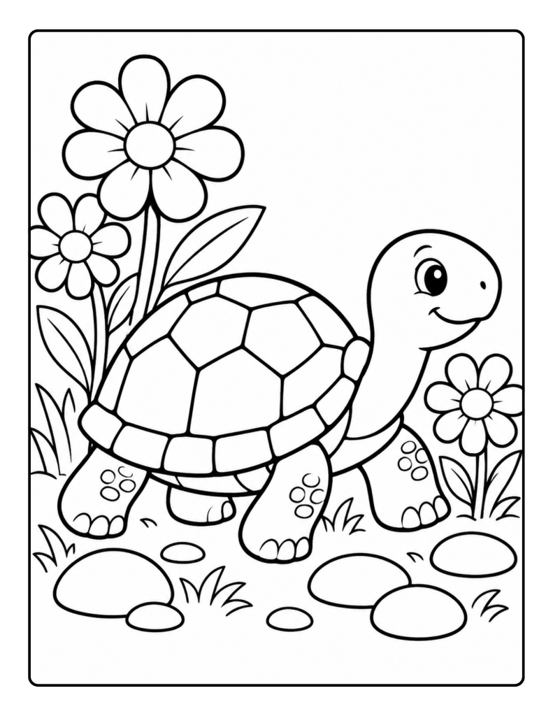 Smiling turtle with flowers and stones easy coloring page for seniors