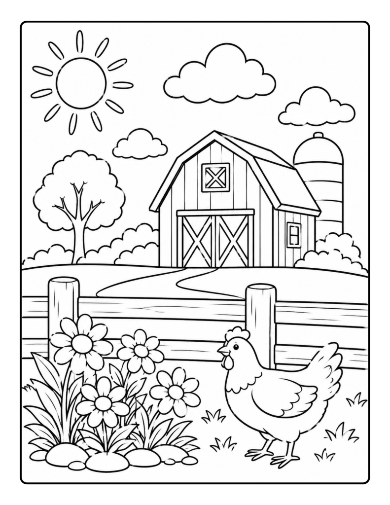 Farmhouse, barn, chicken, fence, flowers, and sunny sky coloring page