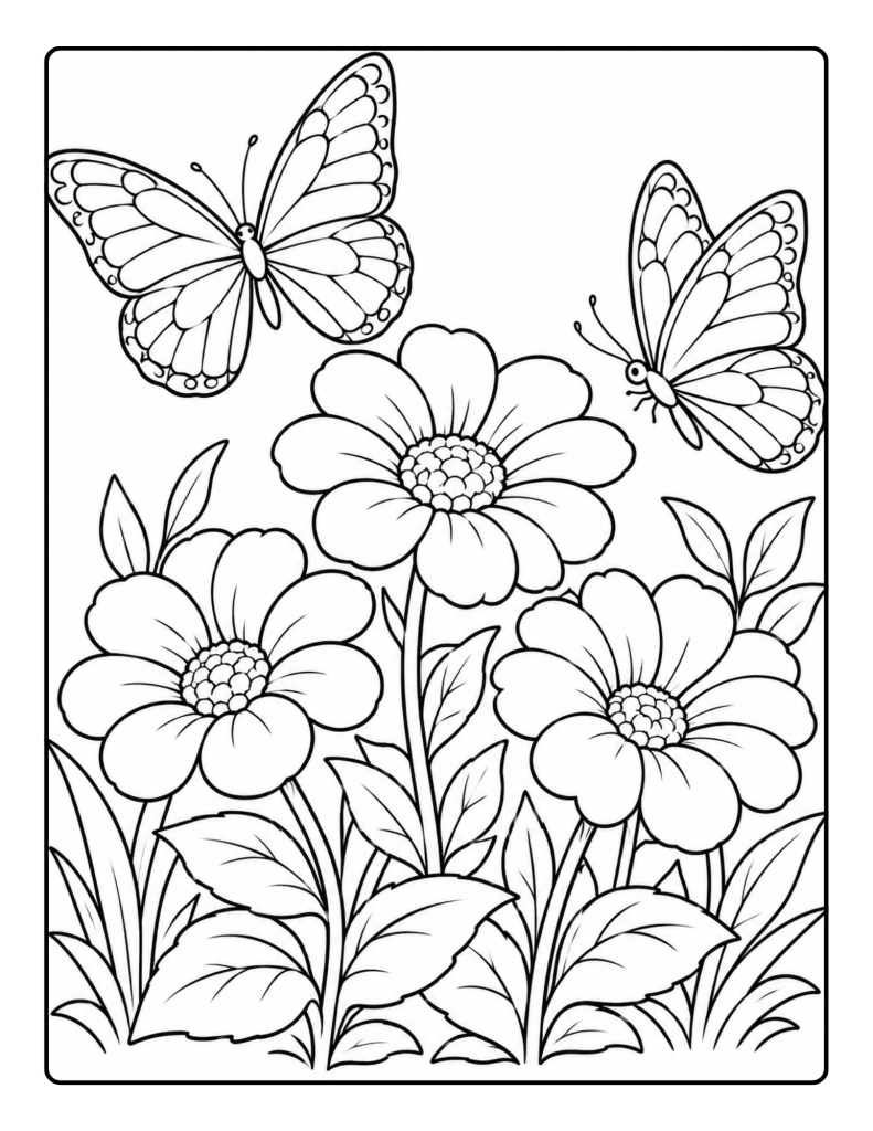 Three large flowers and two butterflies coloring page for seniors
