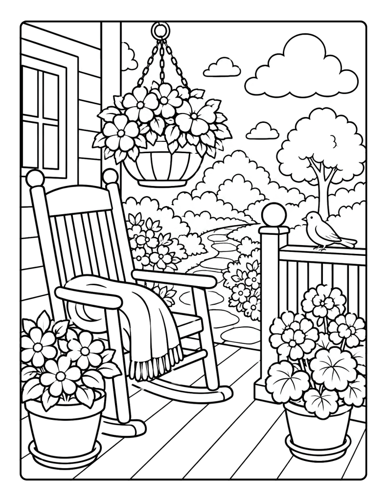 Porch rocking chair with flowerpots, bird, and garden path coloring page for seniors