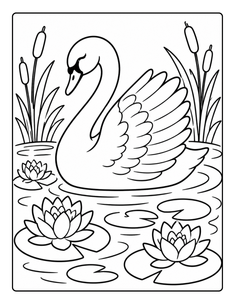 Graceful swan swimming among water lilies large print coloring page for seniors