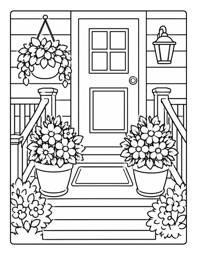 Front door with flowerpots, hanging plant, porch steps, and lantern coloring page