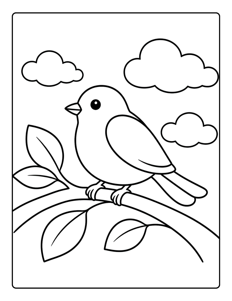 Simple bird sitting on a leafy branch with clouds coloring page for seniors